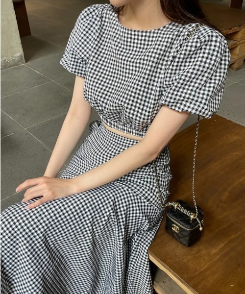 FREE STYLISTS(フリー スタイリスト)の「YUGA_YGMC Korean style Checkered top and ruffle skirt set(ワンピース・レディース・ブラック/ブルー・FREE)」の12枚目の写真