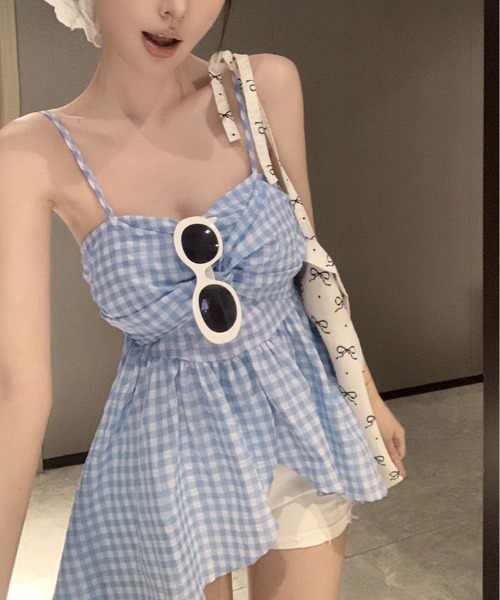 kirakiraShop(キラキラショップ)の「アシメ ギンガム チェック キャミソール チュニック(チュニック・レディース・ブルー/ブラック/イエロー/レッド・FREE)」の14枚目の写真