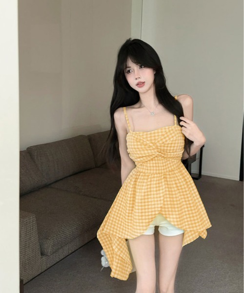 kirakiraShop(キラキラショップ)の「アシメ ギンガム チェック キャミソール チュニック(チュニック・レディース・ブルー/ブラック/イエロー/レッド・FREE)」の19枚目の写真