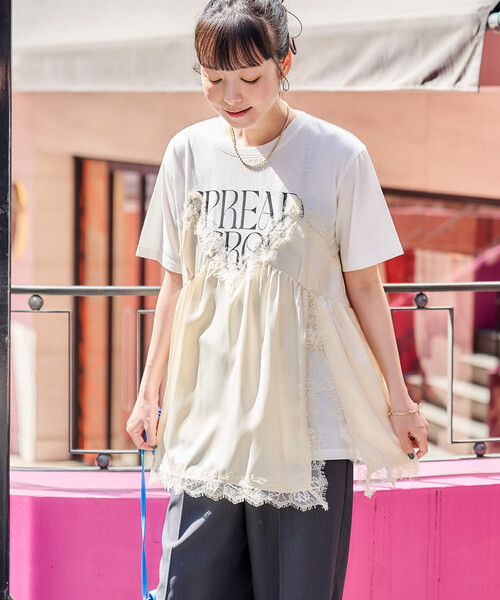 レースキャミ ドッキングTシャツ/レイヤードデザインTシャツ（Tシャツ