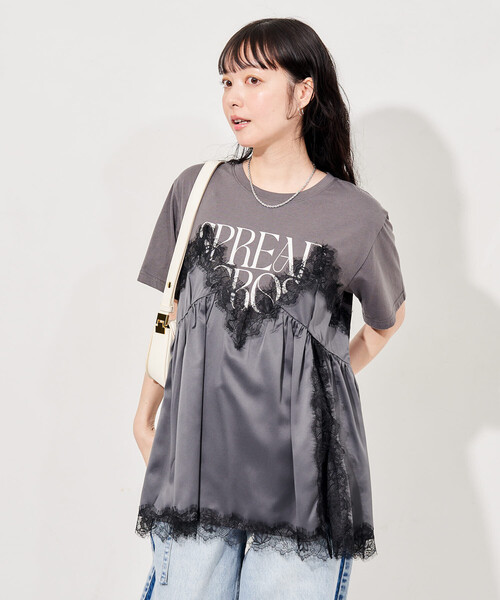 FREAK'S STORE(フリークスストア)の「レースキャミ ドッキングTシャツ/レイヤードデザインTシャツ(Tシャツ/カットソー・レディース・チャコール/オフホワイト/ブラック・フリ-)」の3枚目の写真