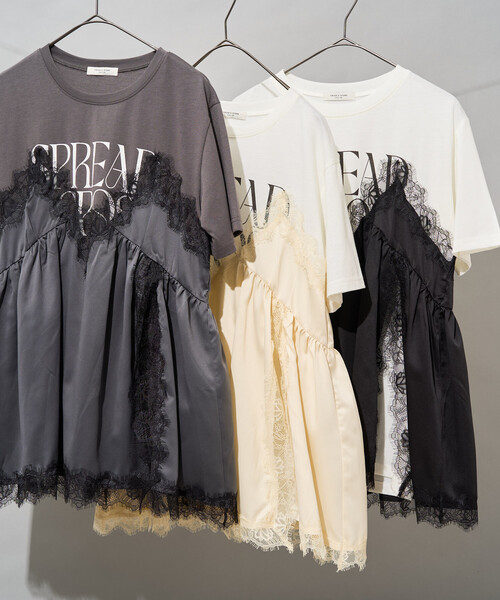FREAK'S STORE(フリークスストア)の「レースキャミ ドッキングTシャツ/レイヤードデザインTシャツ(Tシャツ/カットソー・レディース・チャコール/オフホワイト/ブラック・フリ-)」の4枚目の写真