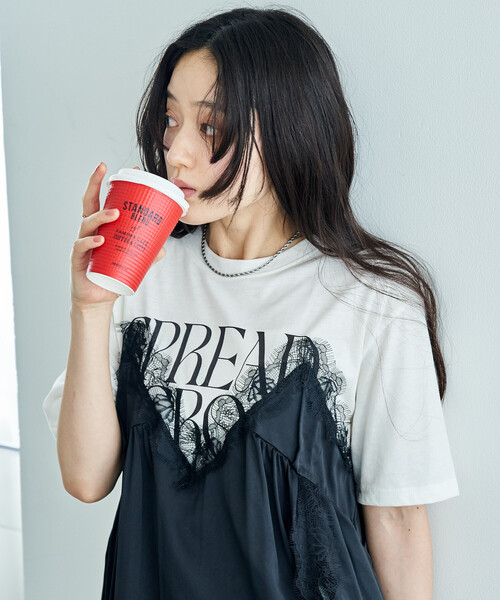 FREAK'S STORE(フリークスストア)の「レースキャミ ドッキングTシャツ/レイヤードデザインTシャツ(Tシャツ/カットソー・レディース・チャコール/オフホワイト/ブラック・フリ-)」の6枚目の写真
