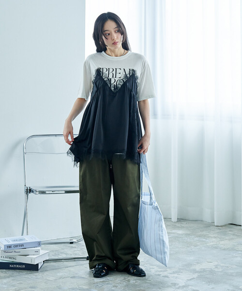 FREAK'S STORE(フリークスストア)の「レースキャミ ドッキングTシャツ/レイヤードデザインTシャツ(Tシャツ/カットソー・レディース・チャコール/オフホワイト/ブラック・フリ-)」の7枚目の写真