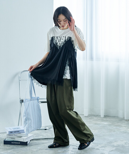 FREAK'S STORE(フリークスストア)の「レースキャミ ドッキングTシャツ/レイヤードデザインTシャツ(Tシャツ/カットソー・レディース・チャコール/オフホワイト/ブラック・フリ-)」の8枚目の写真
