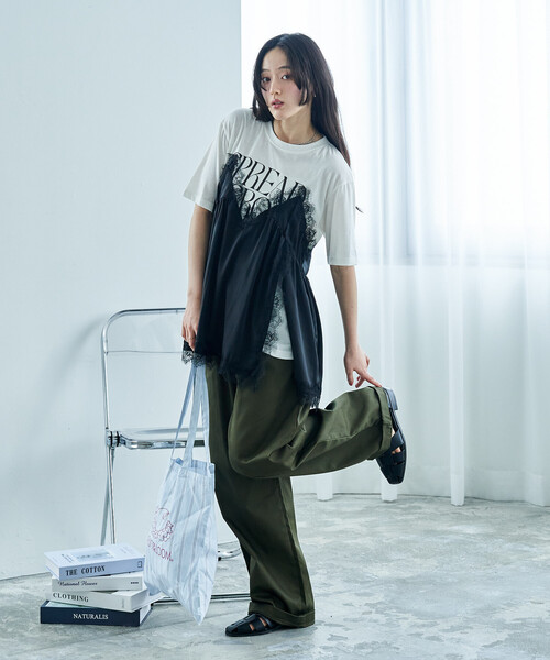 FREAK'S STORE(フリークスストア)の「レースキャミ ドッキングTシャツ/レイヤードデザインTシャツ(Tシャツ/カットソー・レディース・チャコール/オフホワイト/ブラック・フリ-)」の9枚目の写真