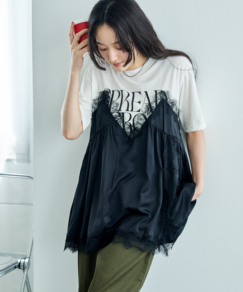 FREAK'S STORE(フリークスストア)の「レースキャミ ドッキングTシャツ/レイヤードデザインTシャツ(Tシャツ/カットソー・レディース・チャコール/オフホワイト/ブラック・フリ-)」の11枚目の写真
