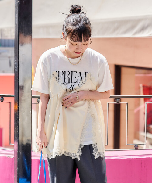 mmm♡レース被布 レースキャミ ドッキングTシャツ/レイヤードデザインTシャツ（Tシャツ
