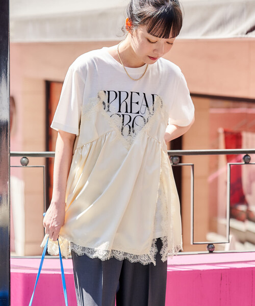 レースキャミ ドッキングTシャツ/レイヤードデザインTシャツ（Tシャツ