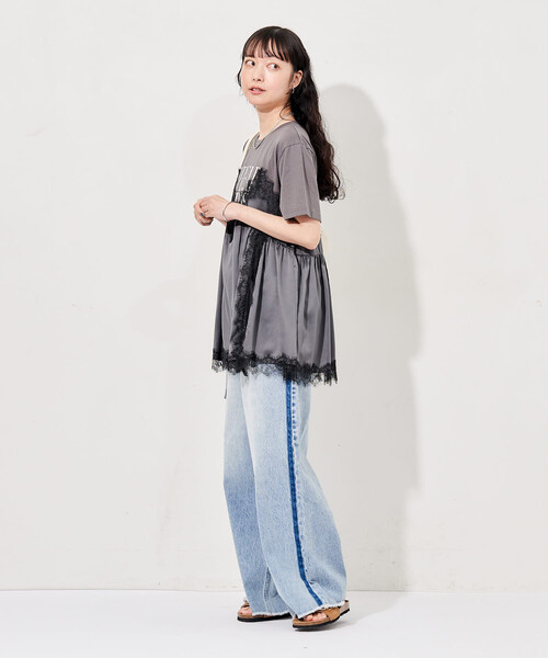 FREAK'S STORE(フリークスストア)の「レースキャミ ドッキングTシャツ/レイヤードデザインTシャツ(Tシャツ/カットソー・レディース・チャコール/オフホワイト/ブラック・フリ-)」の12枚目の写真