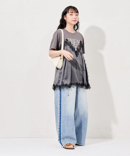 FREAK'S STORE(フリークスストア)の「レースキャミ ドッキングTシャツ/レイヤードデザインTシャツ(Tシャツ/カットソー・レディース・チャコール/オフホワイト/ブラック・フリ-)」の13枚目の写真