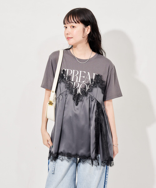 FREAK'S STORE(フリークスストア)の「レースキャミ ドッキングTシャツ/レイヤードデザインTシャツ(Tシャツ/カットソー・レディース・チャコール/オフホワイト/ブラック・フリ-)」の15枚目の写真
