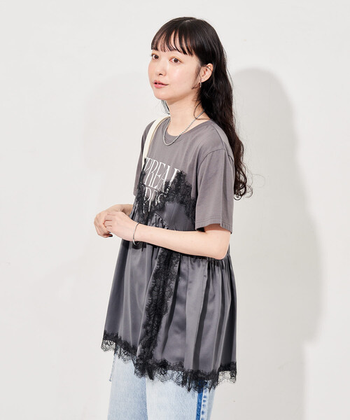 FREAK'S STORE(フリークスストア)の「レースキャミ ドッキングTシャツ/レイヤードデザインTシャツ(Tシャツ/カットソー・レディース・チャコール/オフホワイト/ブラック・フリ-)」の16枚目の写真