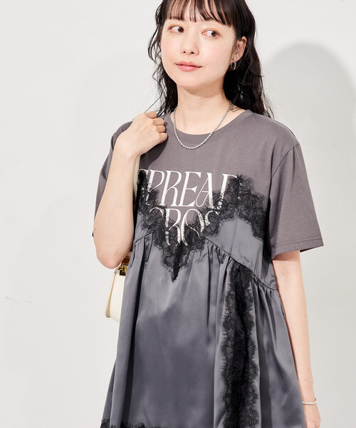 FREAK'S STORE(フリークスストア)の「レースキャミ ドッキングTシャツ/レイヤードデザインTシャツ(Tシャツ/カットソー・レディース・チャコール/オフホワイト/ブラック・フリ-)」の18枚目の写真