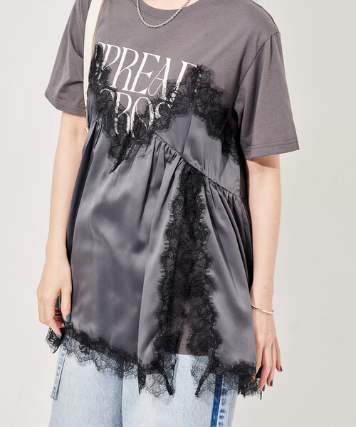 FREAK'S STORE(フリークスストア)の「レースキャミ ドッキングTシャツ/レイヤードデザインTシャツ(Tシャツ/カットソー・レディース・チャコール/オフホワイト/ブラック・フリ-)」の19枚目の写真