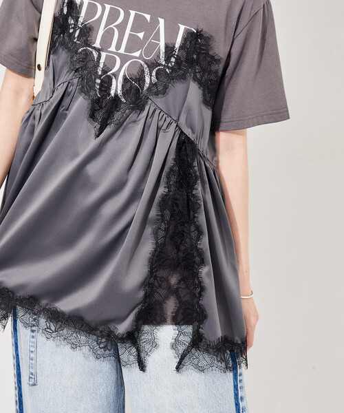 FREAK'S STORE(フリークスストア)の「レースキャミ ドッキングTシャツ/レイヤードデザインTシャツ(Tシャツ/カットソー・レディース・チャコール/オフホワイト/ブラック・フリ-)」の20枚目の写真