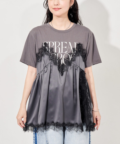 FREAK'S STORE(フリークスストア)の「レースキャミ ドッキングTシャツ/レイヤードデザインTシャツ(Tシャツ/カットソー・レディース・チャコール/オフホワイト/ブラック・フリ-)」の21枚目の写真