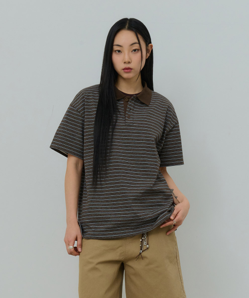 DESIRED（デシレッド）の「ストライプカラー半袖Tシャツ-FBSK5701D08（ポロシャツ・メンズ・ブラウン・MEDIUM/LARGE/X-LARGE）」の5枚目の写真
