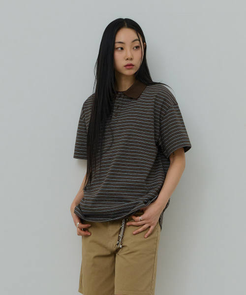 DESIRED（デシレッド）の「ストライプカラー半袖Tシャツ-FBSK5701D08（ポロシャツ・メンズ・ブラウン・MEDIUM/LARGE/X-LARGE）」の6枚目の写真