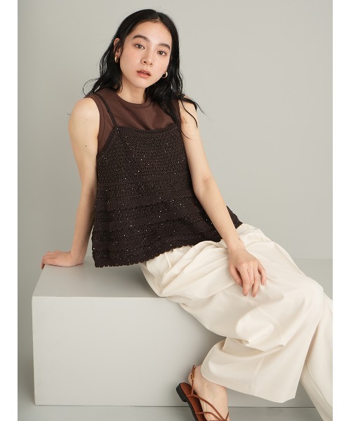 Mila Owen(ミラオーウェン)の「【ウォッシャブル】クロシェニットキャミ×ノースリワンピース(キャミソール・レディース・ブラウン/ミント/アイボリー・F)」の2枚目の写真