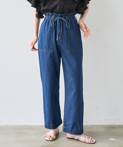 mil(ミル)の「フリルウエスト ステッチワーク デニムパンツ【587220】(デニムパンツ・レディース・サックスブルー/インディゴブルー・S-Short/M-Regular/M-Short/S-Regular)」の1枚目の写真
