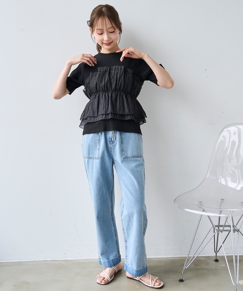 mil(ミル)の「フリルウエスト ステッチワーク デニムパンツ【587220】(デニムパンツ・レディース・サックスブルー/インディゴブルー・S-Short/M-Regular/M-Short/S-Regular)」の12枚目の写真
