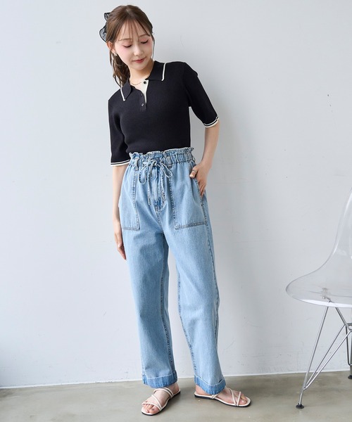 mil(ミル)の「フリルウエスト ステッチワーク デニムパンツ【587220】(デニムパンツ・レディース・サックスブルー/インディゴブルー・S-Short/M-Regular/M-Short/S-Regular)」の3枚目の写真