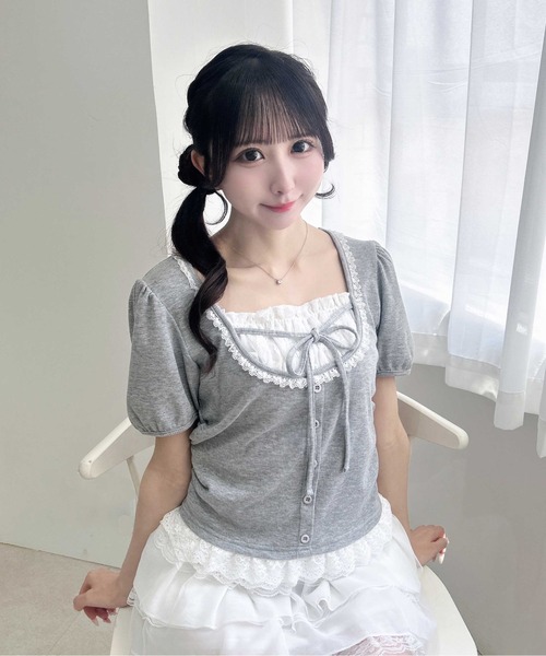 INGNI(イング)の「襟レースレイヤード風パフスリーブリブトップス(Tシャツ/カットソー・レディース・ブラック/グレー/ライトピンク・M)」の3枚目の写真