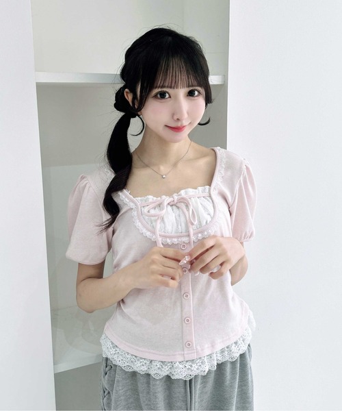 INGNI(イング)の「襟レースレイヤード風パフスリーブリブトップス(Tシャツ/カットソー・レディース・ブラック/グレー/ライトピンク・M)」の2枚目の写真