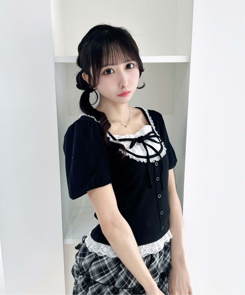 INGNI(イング)の「襟レースレイヤード風パフスリーブリブトップス(Tシャツ/カットソー・レディース・ブラック/グレー/ライトピンク・M)」の1枚目の写真