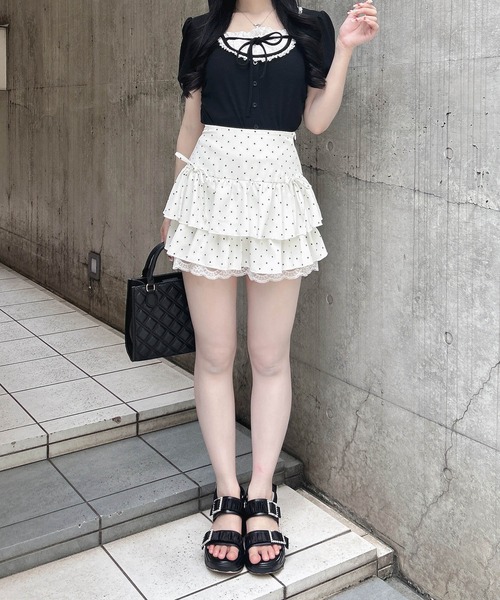 INGNI(イング)の「襟レースレイヤード風パフスリーブリブトップス(Tシャツ/カットソー・レディース・ブラック/グレー/ライトピンク・M)」の8枚目の写真