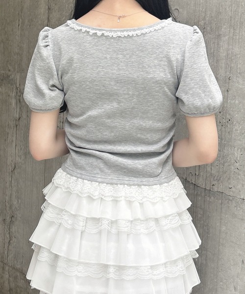 INGNI(イング)の「襟レースレイヤード風パフスリーブリブトップス(Tシャツ/カットソー・レディース・ブラック/グレー/ライトピンク・M)」の13枚目の写真