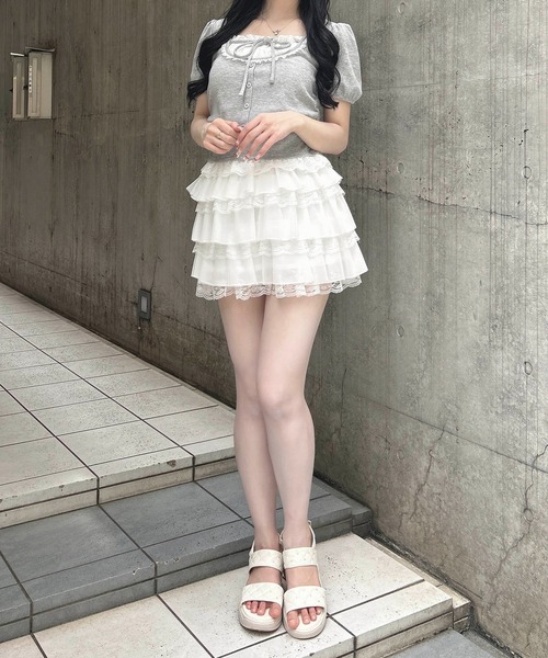 INGNI(イング)の「襟レースレイヤード風パフスリーブリブトップス(Tシャツ/カットソー・レディース・ブラック/グレー/ライトピンク・M)」の15枚目の写真
