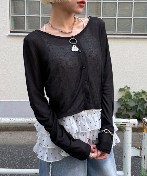 w closet(ダブルクローゼット)の「【5色展開/オリジナルタグデザイン】シアーショートカーディガン 夏服(Tシャツ/カットソー・レディース・ブラック/ピンク/イエロー/グレー/オフホワイト・FREE)」の12枚目の写真