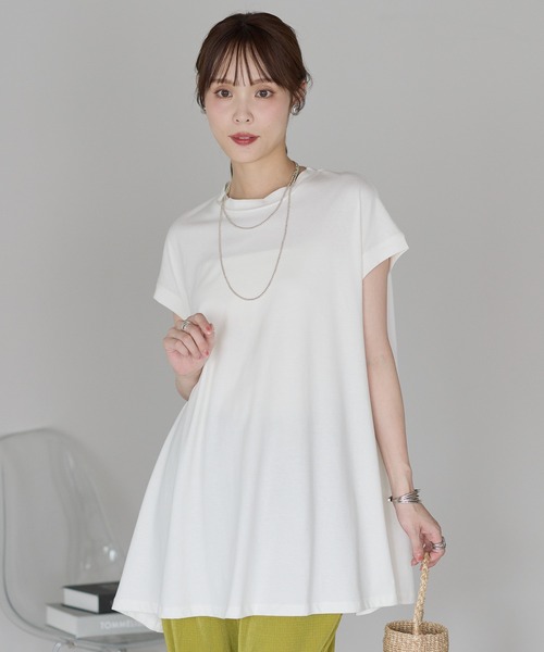 セール】綿100％ 接触冷感 フレンチスリーブAラインチュニックTシャツ
