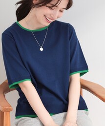 【二の腕隠れる/コットン混】配色使いで差がつく 洗える五分袖ニット