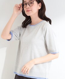 【二の腕隠れる/コットン混】配色使いで差がつく 洗える五分袖ニット