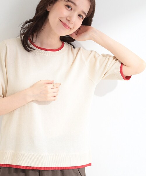 SHOO・LA・RUE(シューラルー)の「【二の腕隠れる/コットン混】配色使いで差がつく 洗える五分袖ニット(ニット/セーター・レディース・グレー/ネイビー/アイボリー・04/03/02/01)」の1枚目の写真