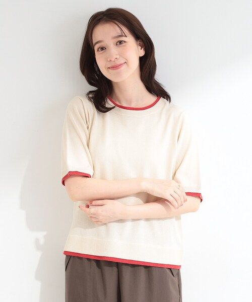 SHOO・LA・RUE(シューラルー)の「【二の腕隠れる/コットン混】配色使いで差がつく 洗える五分袖ニット(ニット/セーター・レディース・グレー/ネイビー/アイボリー・04/03/02/01)」の4枚目の写真