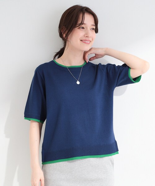 SHOO・LA・RUE(シューラルー)の「【二の腕隠れる/コットン混】配色使いで差がつく 洗える五分袖ニット(ニット/セーター・レディース・グレー/ネイビー/アイボリー・04/03/02/01)」の12枚目の写真