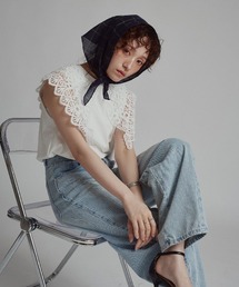【W:Huku / シルキータッチコットン】ビッグカラー ノースリーブ トップス / Silky-Touch Cotton Big Collar Sleeveless Top