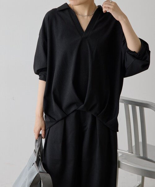 ear PAPILLONNER(イアパピヨネ)の「スキッパーシャツ【SUM1 STYLE】(シャツ/ブラウス・レディース・ブラック/ブラウン・FREE)」の3枚目の写真