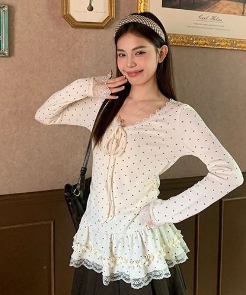 AVYL(アヴィル)の「ドット柄レースフリルリボンリブカットソー(Tシャツ/カットソー・レディース・アイボリー・M)」の7枚目の写真
