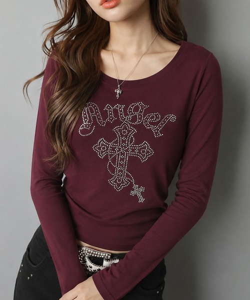 SPINNS（スピンズ）の「長袖Tシャツ/ラインストーンクロス/平成ギャル（Tシャツ/カットソー・レディース・ブラック/グレー/パープル・ONESIZE）」の3枚目の写真