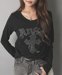長袖Tシャツ/ラインストーンクロス/平成ギャル