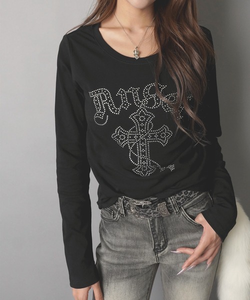 SPINNS（スピンズ）の「長袖Tシャツ/ラインストーンクロス/平成ギャル（Tシャツ/カットソー・レディース・ブラック/グレー/パープル・ONESIZE）」の5枚目の写真