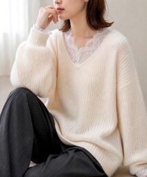 畔編み レースデザイン Vネックニット