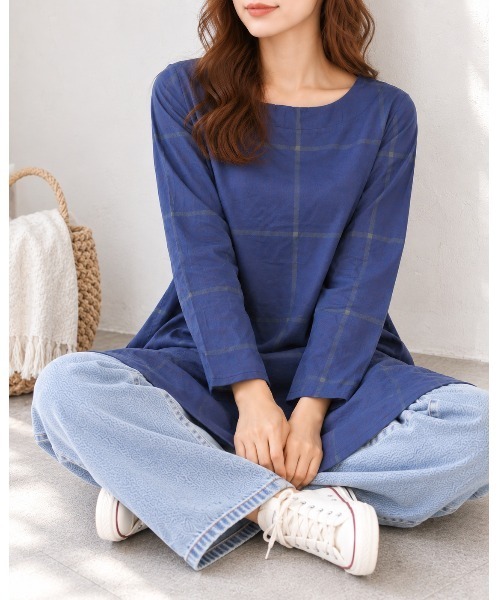 FAZVY（ファズビー）の「静かなチェック柄で魅せる ナチュラルロングワンピース（ワンピース・レディース・ネイビー・L/M）」の5枚目の写真
