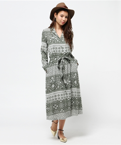 MOUSSY（マウジー）の「TILE PATTERN SHIRT DRESS（ワンピース・レディース・グリーン系その他/オレンジ系その他/ダークネイビー・FREE）」の7枚目の写真