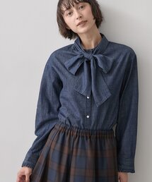 【ボウタイ取り外し可】2WAYデニムフリルシャツ